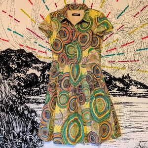 60s Inspired Fit and Flare Psychedelic Print Shirt Dress